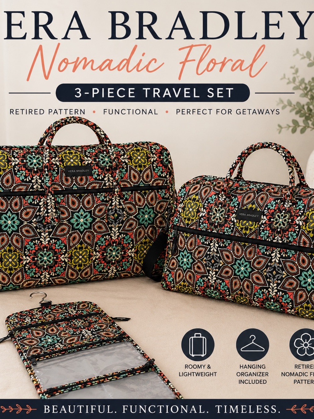 Vera Bradley Nomadic Floral 3 Pc Travel Set Duffel Weekender Hanging Organizer